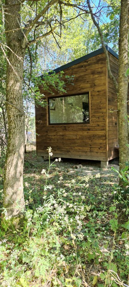Дом A-frame в окружении леса.