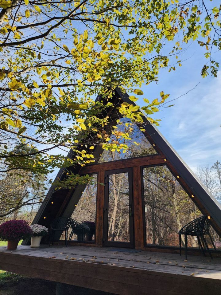  Дом A-frame в окружении леса.